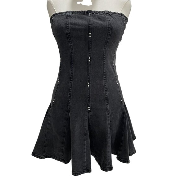 Wild Fable Black Denim Strapless Mini Dress Y2K Streetwear Grunge Festival - Picture 5 of 9